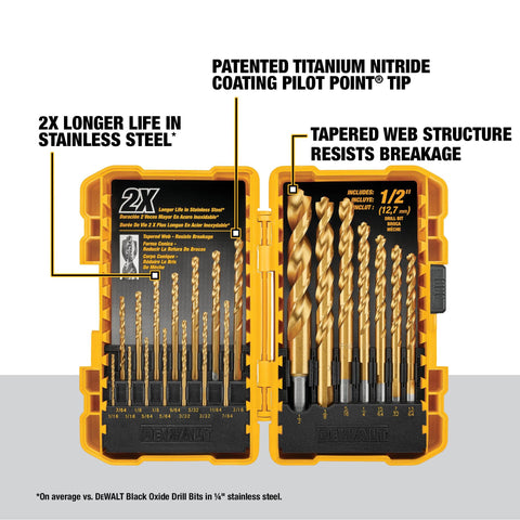 DEWALT DW1361 21-Piece Titanium Nitride Drill Bit Set | Pilot Point, No-Spin Shanks, Durable Case