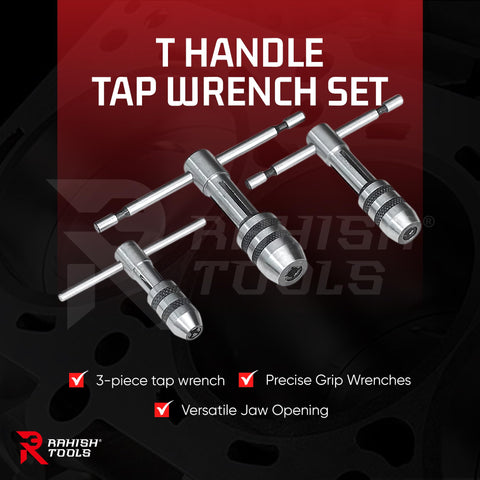 RAHISH TOOLS 3-Piece T-Handle Tap Wrench Set | Precise Jaws & Knurled Cap – Made in India