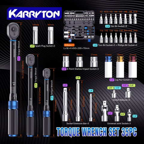KARRYTON 35pc Torque Wrench Set – 1/4, 3/8, 1/2 in Drive, 72-Tooth, Dual-Scale