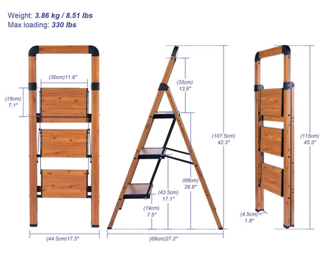 BIBKOKE Folding 3-Step Woodgrain Ladder | Aluminum, Anti-Slip, 330 lbs