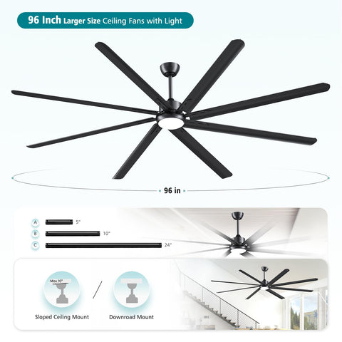 Iceilfan 96-Inch Industrial Ceiling Fan with Lights – 3CCT LED, DC Motor, 1-6 Speeds, Indoor/Outdoor