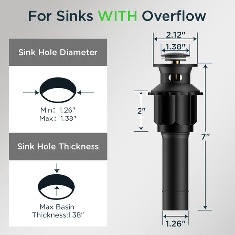 FORIOUS Bathroom Sink Drain with Overflow - Matte Black, 304 Stainless Steel, Pop Up Drain
