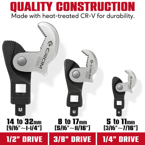 CROM Adjustable Crowfoot Wrench Set – Spring Loaded, 3-Piece (1/4, 3/8, 1/2)