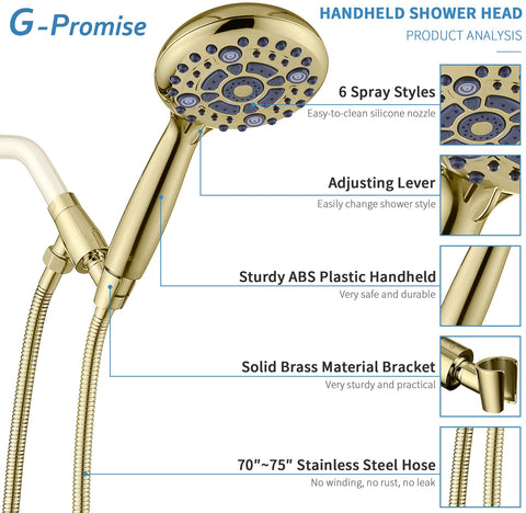 G-Promise Handheld Shower Head – High Pressure, 6 Spray Settings, 4.9-Inch Face, 70–75-Inch Hose