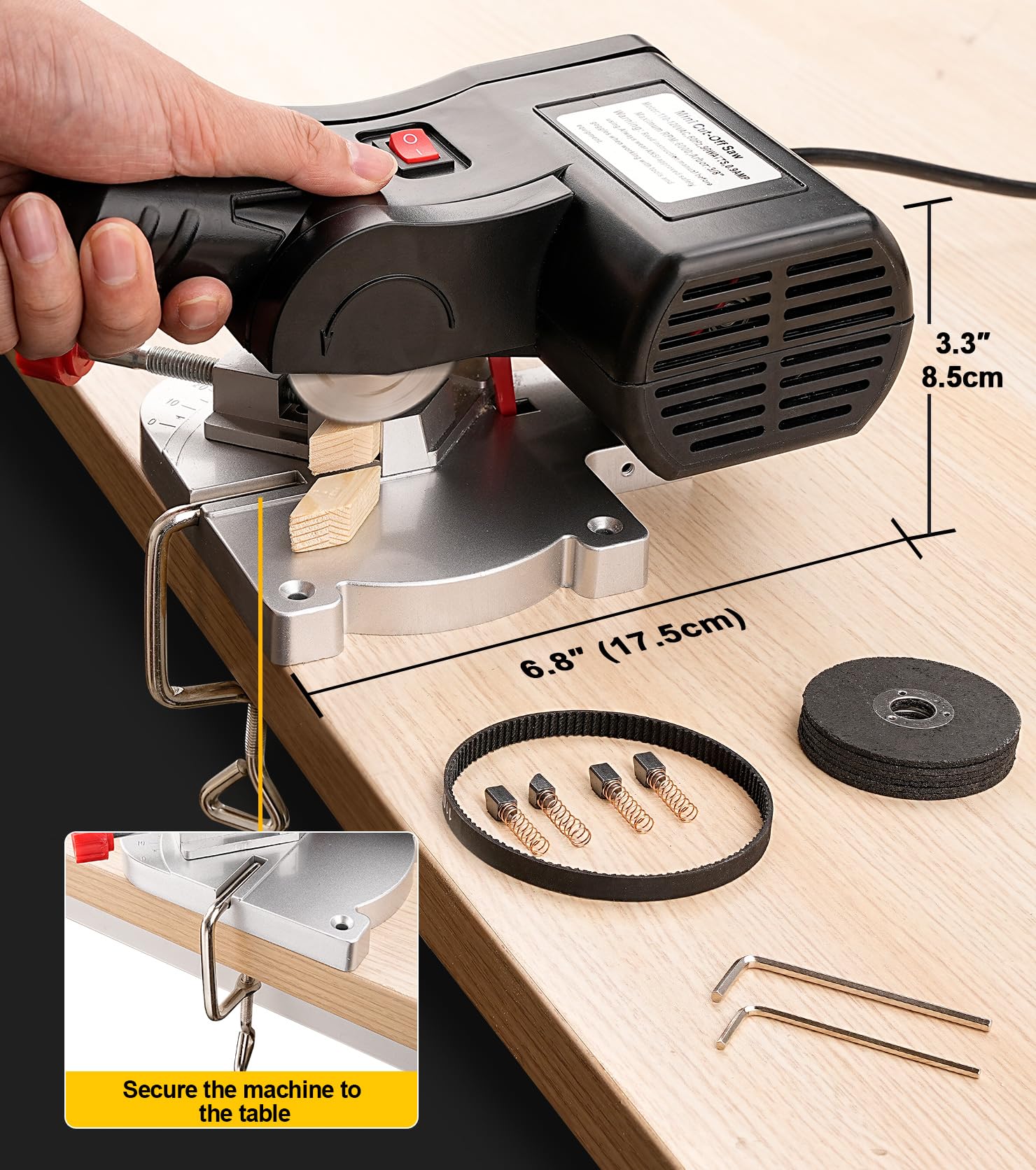 Sbestily mini miter cut-off saw table area highlights compact workspace for small projects