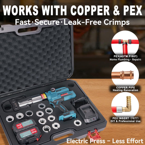 AMZCNC 18V Pro Press Tool for Copper & PEX – Cordless Dies Kit with 1/2, 3/4, 1 in Copper & 3/8–1 in PEX