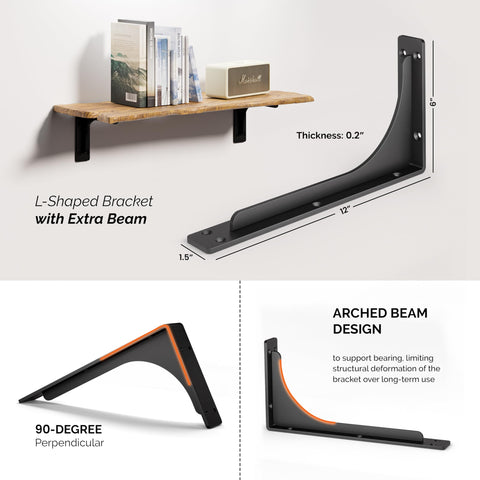 BATODA 12x6 L Bracket with Arch Beam – Heavy Duty Shelf Brackets Black 500 Lbs Capacity (Pack 4)