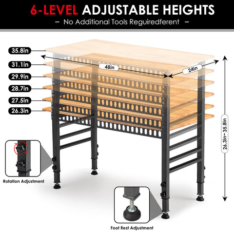OLBRUS 48" Adjustable Workbench with Power Outlet — Heavy-Duty 2000 LBS Load Capacity for Workshop, Garage, or Office
