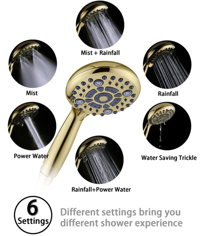 G-Promise Handheld Shower Head – High Pressure, 6 Spray Settings, 4.9-Inch Face, 70–75-Inch Hose