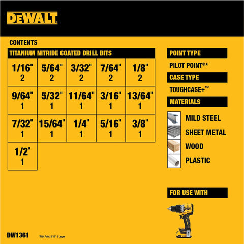 DEWALT DW1361 21-Piece Titanium Nitride Drill Bit Set | Pilot Point, No-Spin Shanks, Durable Case