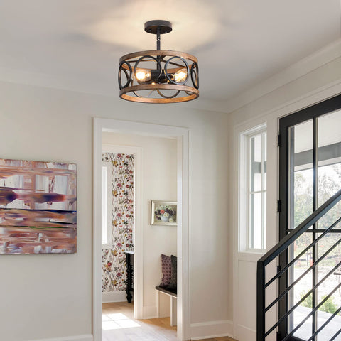 Galtlap Semi Flush Mount Ceiling Light, 3-Lights Modern Farmhouse Ceiling Lighting Fixture, Vintage Close to Ceiling Light for Kitchen Hallway Foyer Bedroom Black and Wood Grain Finish