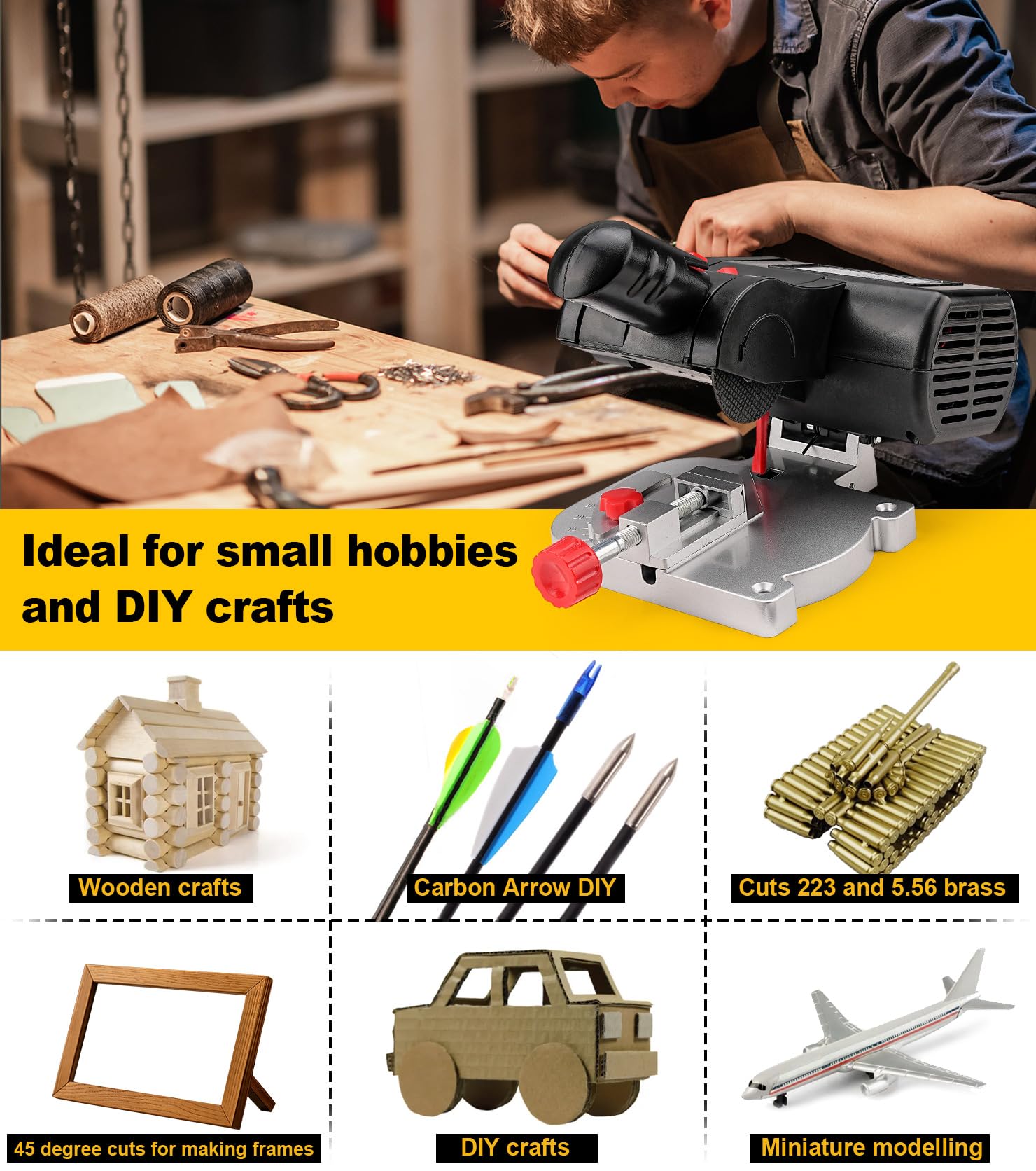 Sbestily mini miter cut-off saw with miter gauge emphasizes precise angle measurement