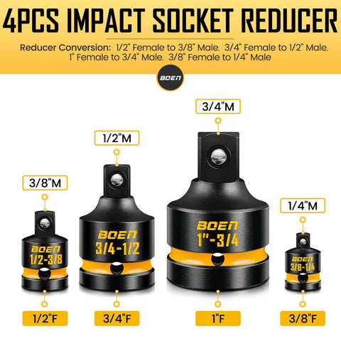 BOEN 8-Piece Impact Socket Adapter & Reducer Set — 1/4 to 1