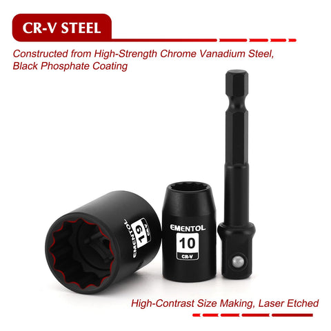 EMENTOL 14-Piece 3/8 in Drive Standard Impact Socket Set, Metric, 12-Point, CR-V, 7mm-19mm