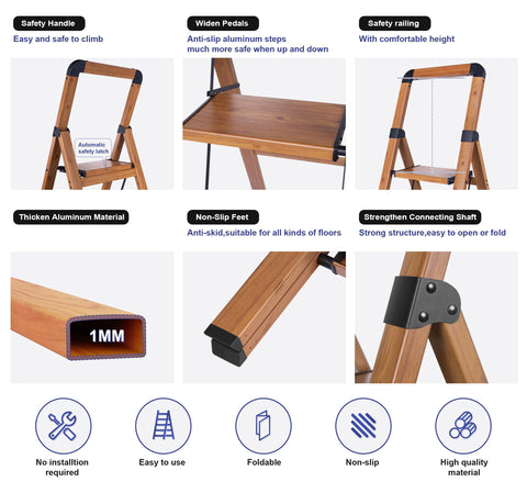 BIBKOKE Folding 3-Step Woodgrain Ladder | Aluminum, Anti-Slip, 330 lbs