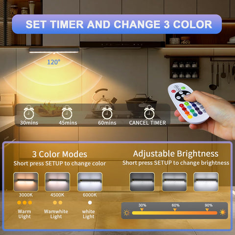 Long-Stars Wireless RGB Under Cabinet Lights – 3 Pack, 48 LEDs, 15 Color Temperatures, Remote Dimmable