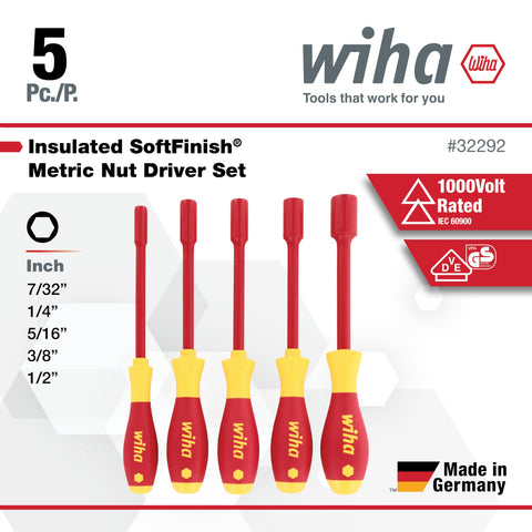 Wiha 32292 Insulated Nut Driver Set, Inch, 1000 Volt, 5 Piece