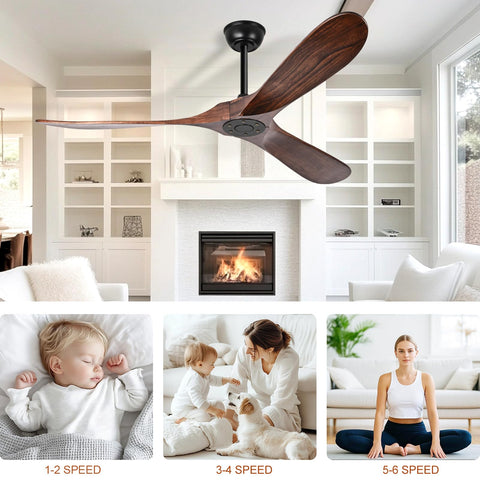 heimo 52 Inch Walnut Wood Ceiling Fan No Light – Quiet DC Motor, Remote Control, Indoor/Outdoor