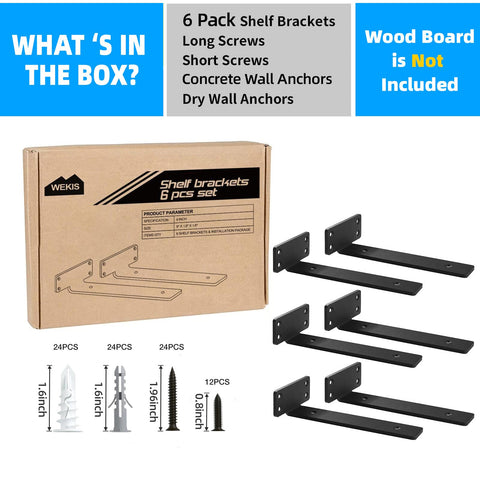 WEKIS 6-Inch Shelf Brackets – 6-Pack, Heavy-Duty Hidden Black L-Brackets (160 lbs)
