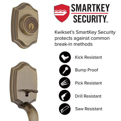 Kwikset Belleview Front Door Lock Set with SmartKey Security – Antique Brass