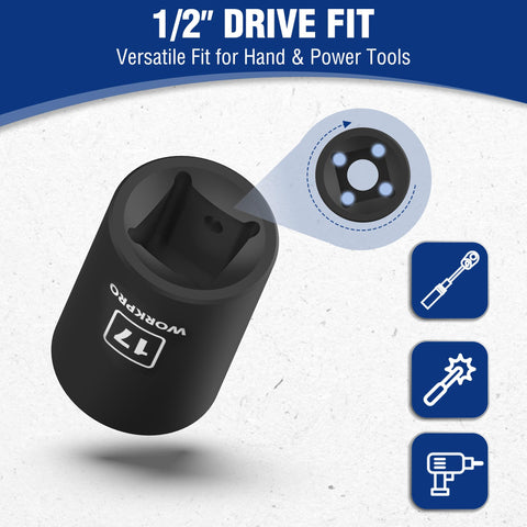 WORKPRO 1/2” Drive Shallow Impact Socket Set (14PCS, 10–27mm) – Cr-V Steel, 6-Point, Case