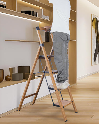 BIBKOKE Folding 3-Step Woodgrain Ladder | Aluminum, Anti-Slip, 330 lbs