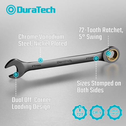 Duratech 22-Piece Anti-Slip Ratcheting Wrench Set – Metric & SAE, 1/4–3/4 in & 6–18 mm, Pouch