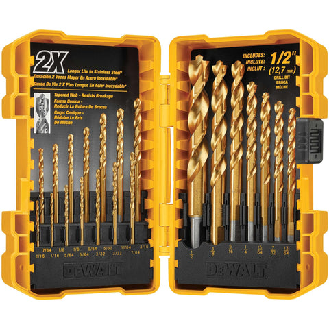DEWALT DW1361 21-Piece Titanium Nitride Drill Bit Set | Pilot Point, No-Spin Shanks, Durable Case