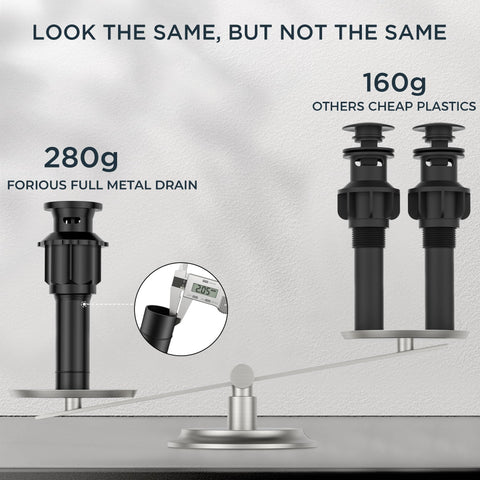 FORIOUS Bathroom Sink Drain with Overflow - Matte Black, 304 Stainless Steel, Pop Up Drain