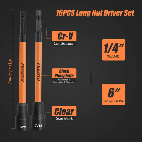 LOZAGU 16Pcs Long Magnetic Nut Driver Set for Impact Drill | 6 Inch Long Nut Driver Set | SAE and Metric | 1/4 Inch Hex Shank | Cr-V Steel (16PCS Magnetic Nut Driver (Long))
