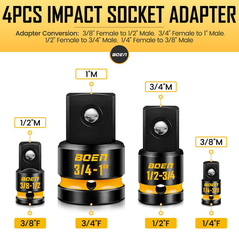 BOEN 8-Piece Impact Socket Adapter & Reducer Set — 1/4 to 1