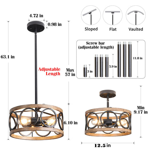Galtlap Semi Flush Mount Ceiling Light, 3-Lights Modern Farmhouse Ceiling Lighting Fixture, Vintage Close to Ceiling Light for Kitchen Hallway Foyer Bedroom Black and Wood Grain Finish