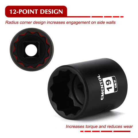 EMENTOL 14-Piece 3/8 in Drive Standard Impact Socket Set, Metric, 12-Point, CR-V, 7mm-19mm