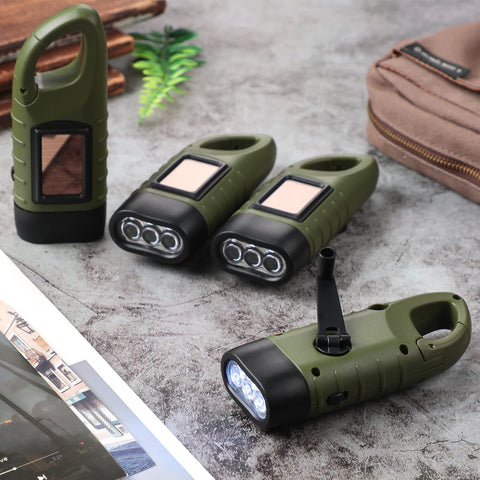 Oudain 4 Pieces Hand Crank Flashlight Solar Powered Rechargeable Flashlight Survival Emergency Hand Crank LED Lantern Snap Carabiner Torch for Outdoor Sports Camping Hiking Christmas Child Shoeboxes