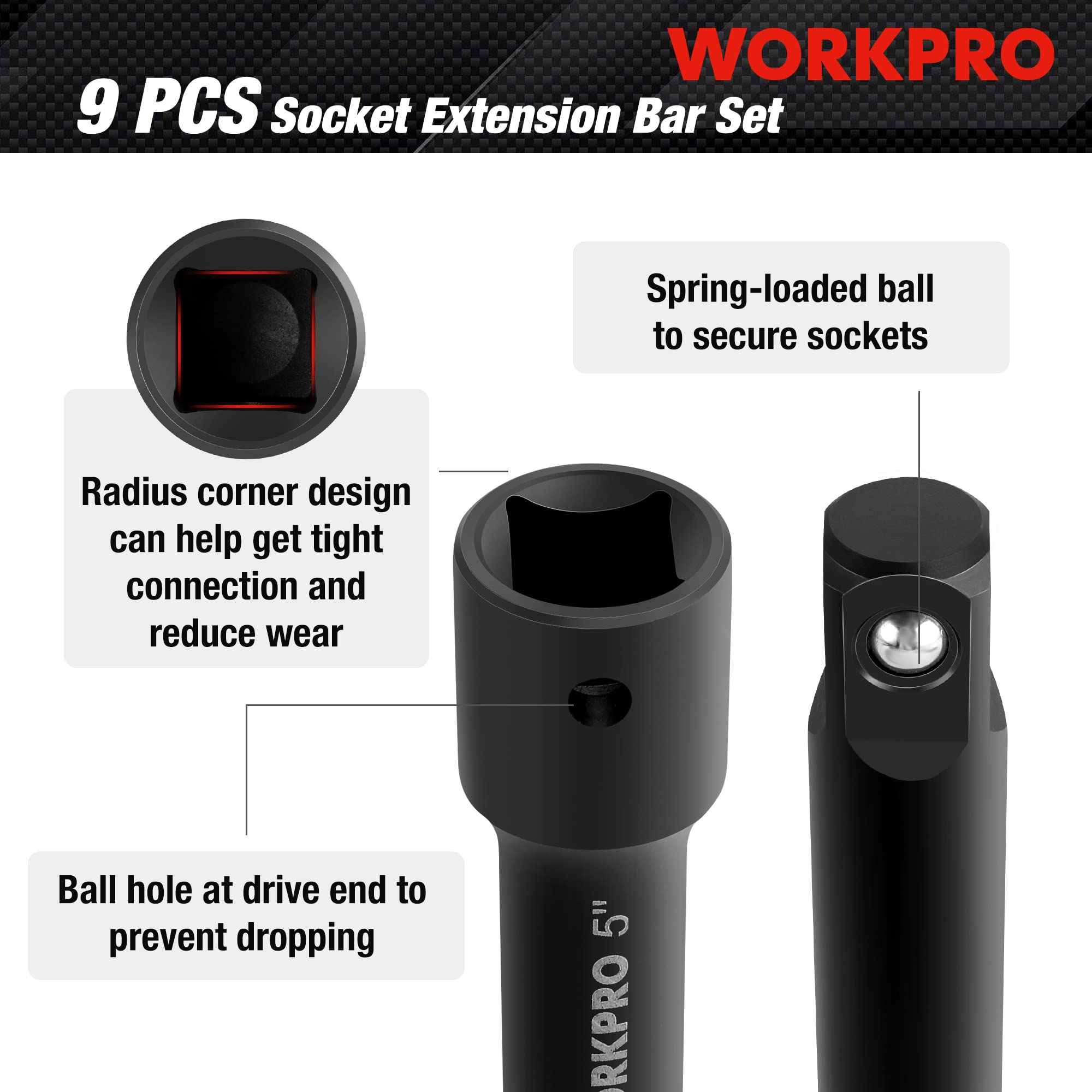 WORKPRO 3-inch three-eighth-drive extension reaches tight fasteners.