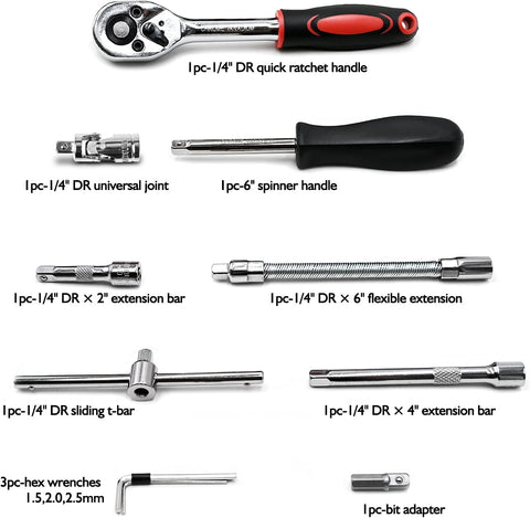 Egofine 46-Piece 1/4-In Drive Socket Ratchet Set with Bit Sockets, Extensions, and Storage Case