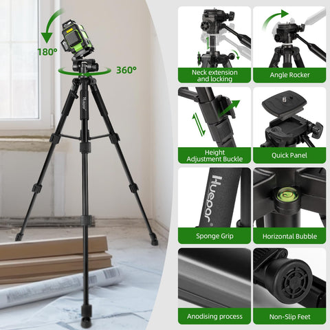 Huepar 360° Laser Level Kit with Tall Tripod — Self-Leveling, Rechargeable, Outdoor Pulse Mode