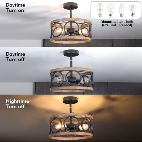 Galtlap Semi Flush Mount Ceiling Light, 3-Lights Modern Farmhouse Ceiling Lighting Fixture, Vintage Close to Ceiling Light for Kitchen Hallway Foyer Bedroom Black and Wood Grain Finish