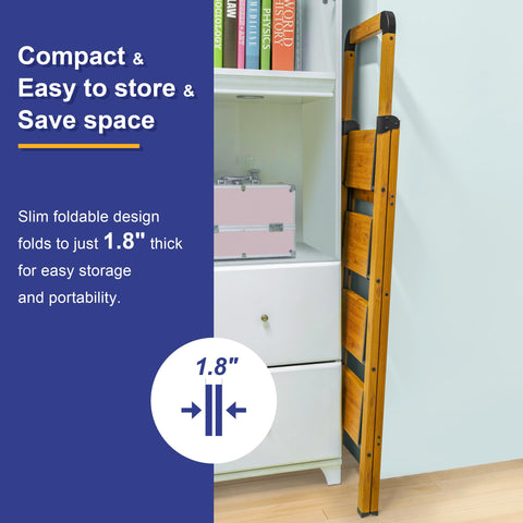 BIBKOKE Folding 3-Step Woodgrain Ladder | Aluminum, Anti-Slip, 330 lbs