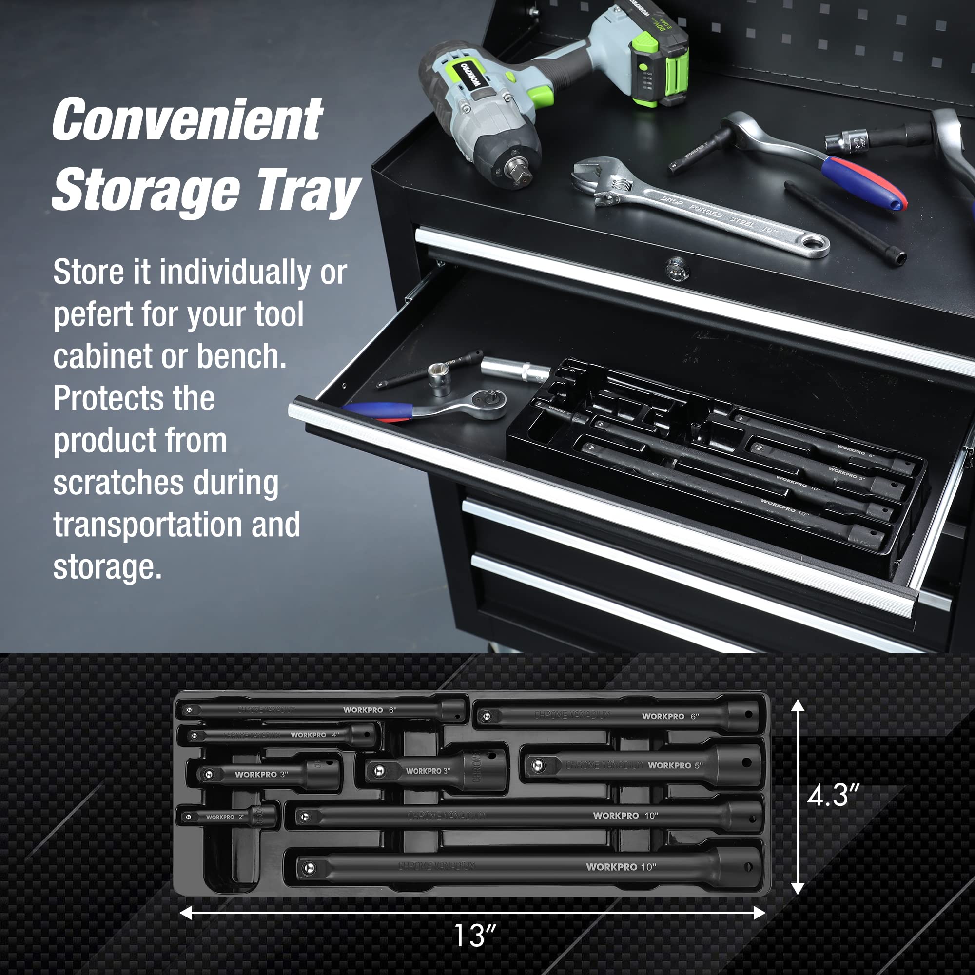 WORKPRO 6-inch three-eighth-drive extension extends reach for recessed bolts.