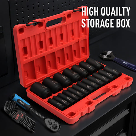 DISEN 19 Pcs SAE Impact Socket Set – Half-Inch Drive, Deep Sockets 3/8