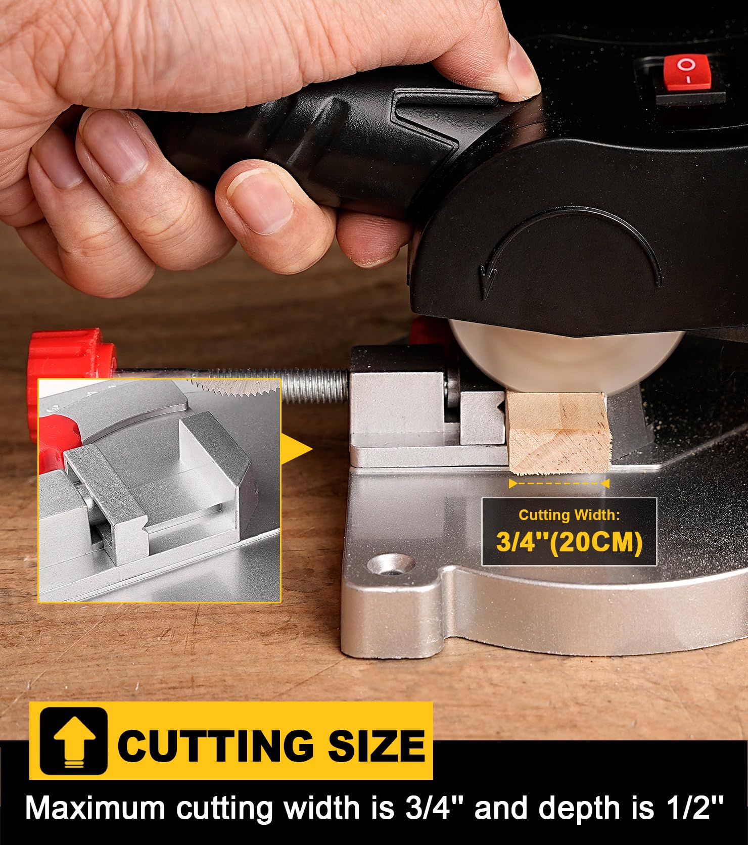 Sbestily mini miter cut-off saw clamp demonstrates secure workholding during cuts