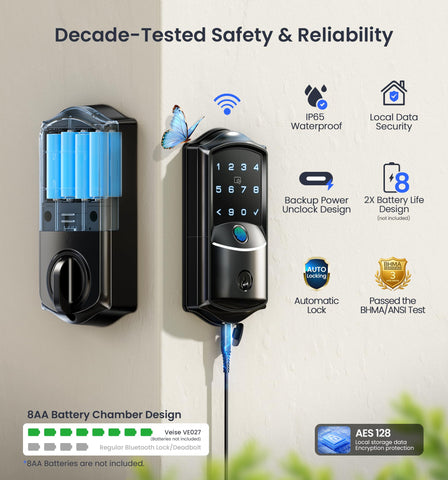 Veise VE027 Built-in Wi-Fi Smart Lock — Fingerprint, App Remote, Voice Control, IP65, BHMA 3