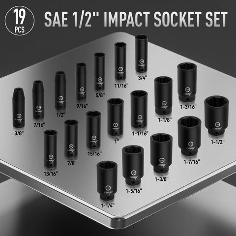 DISEN 19 Pcs SAE Impact Socket Set – Half-Inch Drive, Deep Sockets 3/8