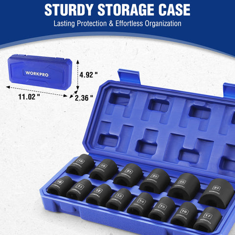 WORKPRO 1/2” Drive Shallow Impact Socket Set (14PCS, 10–27mm) – Cr-V Steel, 6-Point, Case