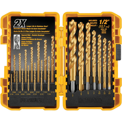 DEWALT DW1361 21-Piece Titanium Nitride Drill Bit Set | Pilot Point, No-Spin Shanks, Durable Case