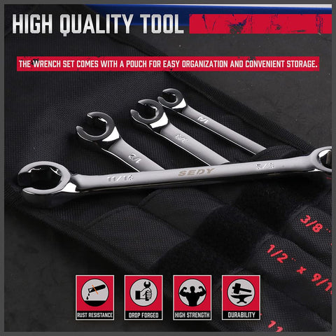 SEDY 8-Piece Flare Nut Wrench Set with Offset Heads | SAE Brake Line Wrenches 1/4–11/16 in, Portable Organizer Pouch Included