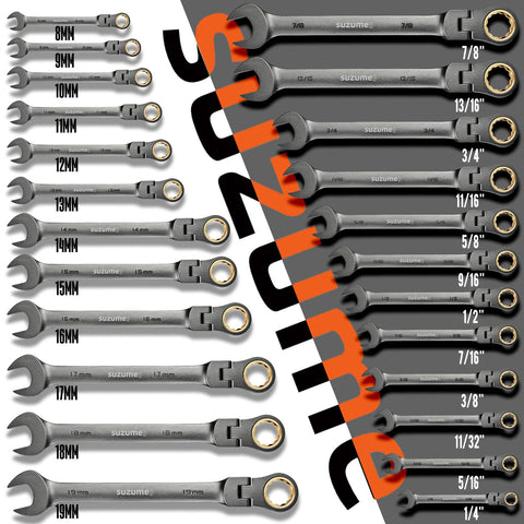 SUZUME 24-Piece Metric & SAE Flex-Head Ratcheting Wrench Set | 72-Tooth Cr-V Steel