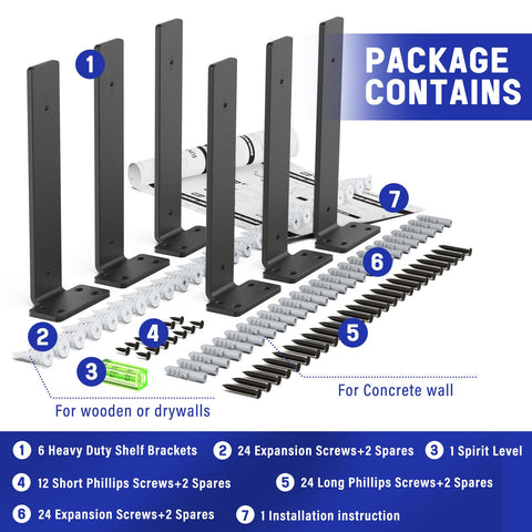 Goovilla Shelf Bracket, Heavy Duty Floating Shelf Brackets 12 inch Long, 6 Pack Brackets for Shelves, Black Coated Metal Wall Shelf Support Brackets with 1/5 Inch Thick and 160 lb. Load Capacity