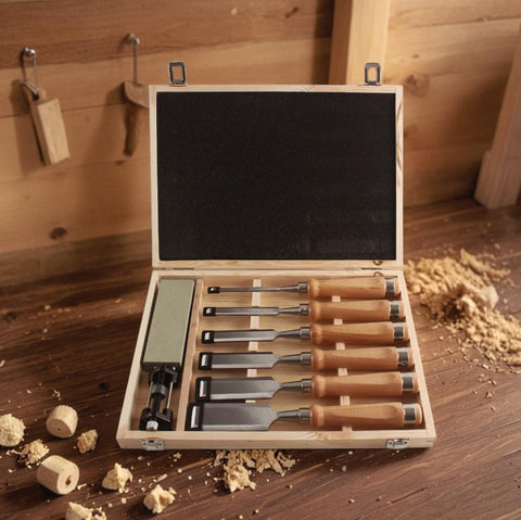 HODYANN 8 Pieces Wood Chisel Tool Sets, 11.4in Woodworking Carving Chisel Kit with Honing Guide, Sharpening Stone and Wooden Case